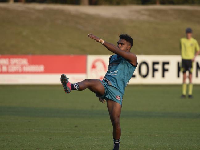 Shaydan Close kicks Coffs Harbour Breakers' first goal of the 2019 AFL North Coast grand final. Picture: Supplied.