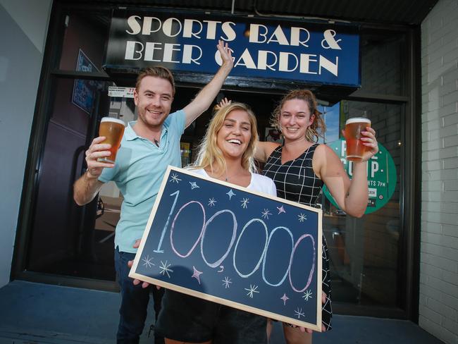 Chris Clarke, Laura Chatman and Tamika Andrews at the Hotel Darwin to mark 100k arrivals since borders reopened. Picture: Glenn Campbell