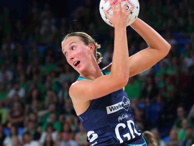 PERTH, AUSTRALIA - MARCH 18: Emily Mannix of the vixens intercepts the ball during the round one Super Netball match between West Coast Fever and Melbourne Vixens at RAC Arena, on March 18, 2023, in Perth, Australia. (Photo by James Worsfold/Getty Images)