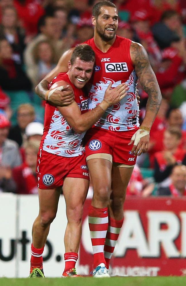 Ben McGlynn and Lance Franklin celebrate the win over Geelong.