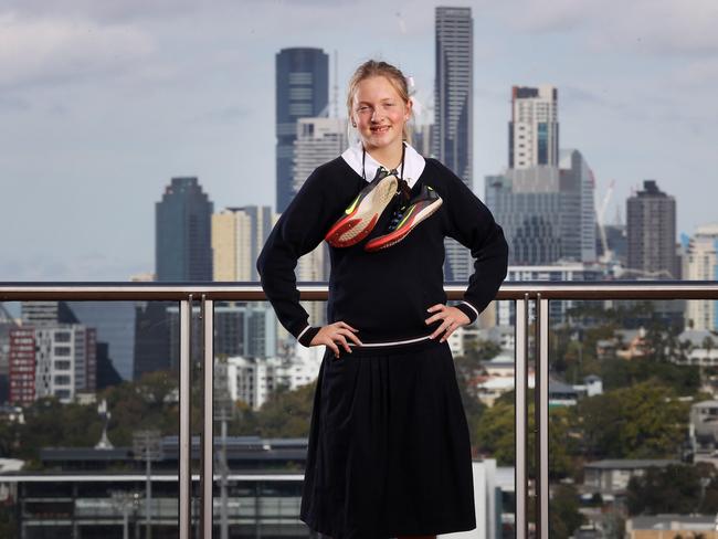 Star runner Isabella Harte in her St Margaret's Anglican Girls school uniform, Ascot. Picture: Liam Kidston