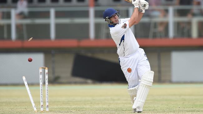 Kookaburra Cup cricket - Burleigh vs Alberton Ormeau at OzStrength Oval, Christine Avenue, Burleigh Waters. Alberton Ormeau batting. Shane Connors is bowled by Lackie O'Keefe (sequence 1of 3) Picure: Lawrence Pinder