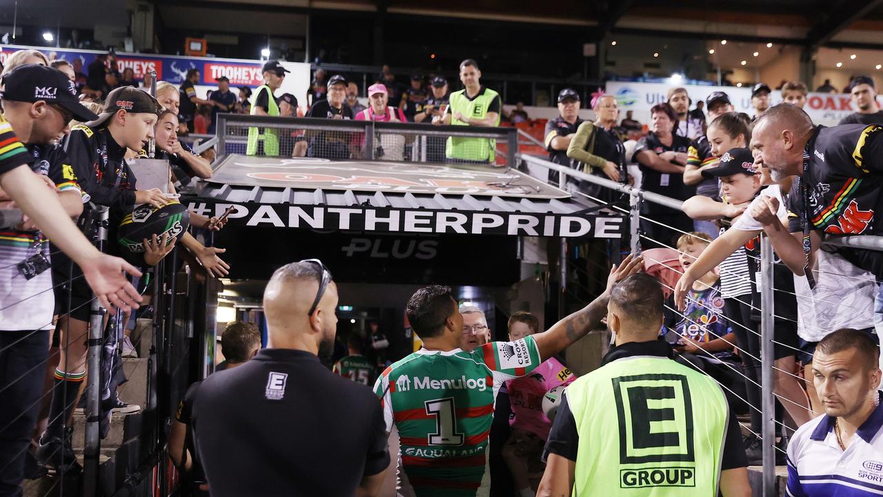 Latrell Mitchell interacted with fans in Penrith on Thursday just an hour after one spectator allegedly racially abused him. Picture; Cameron Spencer/Getty Images