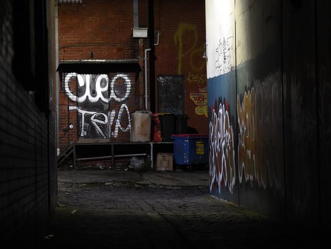 Lamplight spills over the middle of the dogleg shaped back lane where Jill Meagher was murdered on September 22, 2012. Picture: Mal Fairclough/news.com.au