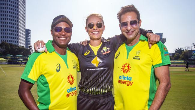 Australian women's cricketer Ash Gardner poses with Wasim Akram and Brian Lara ahead of the Bushfire Bash. Picture: Sarah Matray.