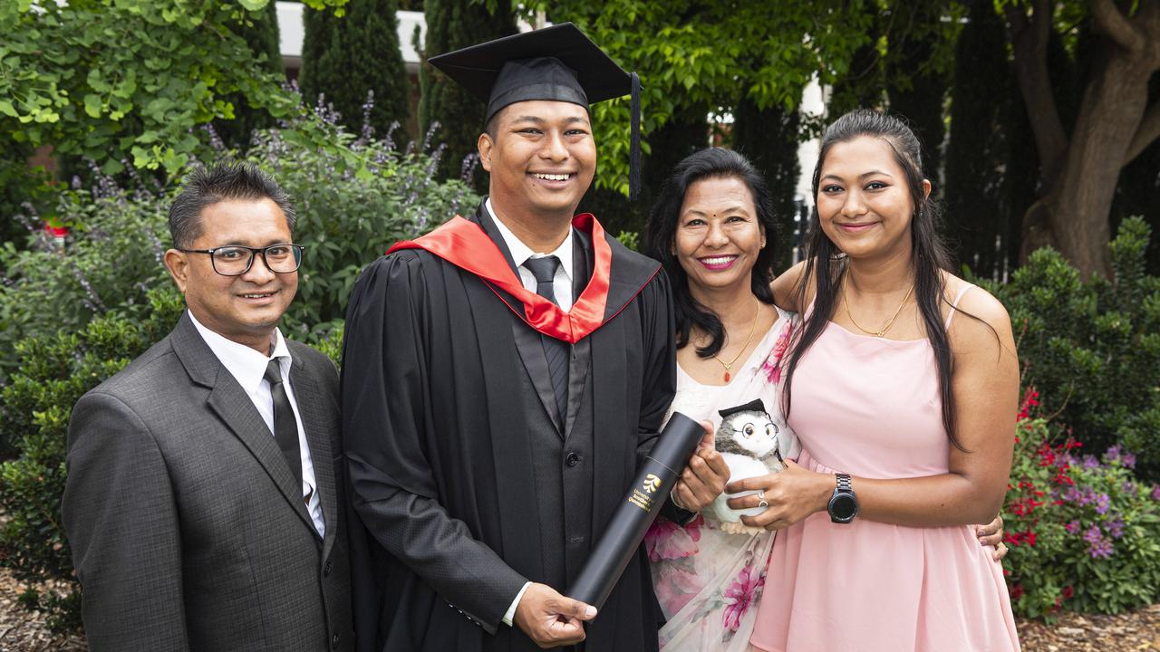 Master of Cyber Security graduate Danyu Rajbahak with sister Neki Rajbahak, dad Dev Kumar Rajbahak and mum Neki Rajbahak at a UniSQ graduation ceremony at The Empire, Wednesday, October 30, 2024. Picture: Kevin Farmer