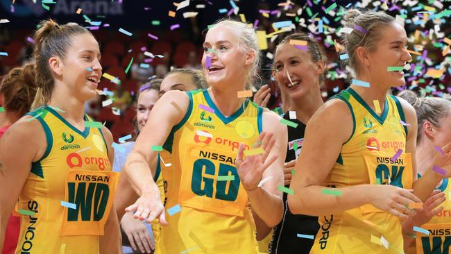 Diamonds players celebrate after the Bushfire Relief Charity netball match between the Australian Diamonds and the Super Netball All-Stars at Qudos Bank Arena in Sydney, Sunday, March 1, 2020. (AAP Image/Mark Evans) NO ARCHIVING, EDITORIAL USE ONLY