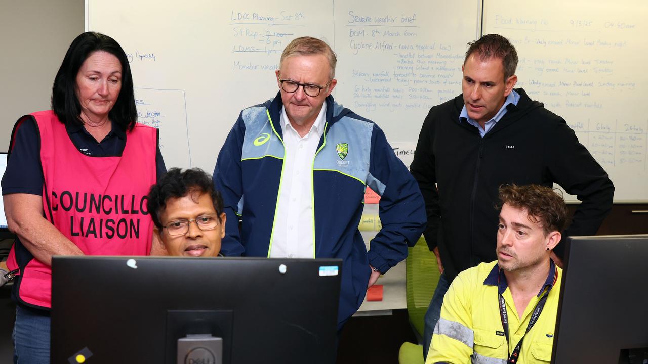 Mr Albanese and Treasurer Jim Chalmers at the Logan disaster management centre. Picture: NewsWire/Tertius Pickard