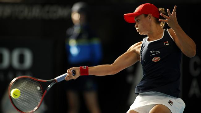 Ash Barty leans into a forehand against Danielle Collins in their semi-final at the Adelaide International. Picture: AAP