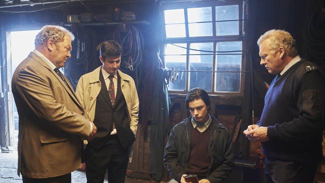 Mark Addy as Stan, Scott Reid as DC Mick Clark, Freddie Fox as Jeremy Bamber and David Hunt as Bews in true crime drama White House Farm.