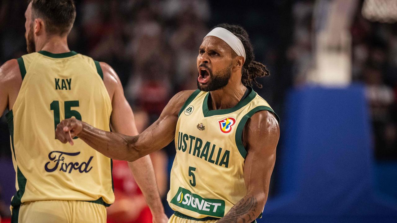 Patty Mills reacts during the Boomers’ surprise defeat to Germany. Picture: Getty