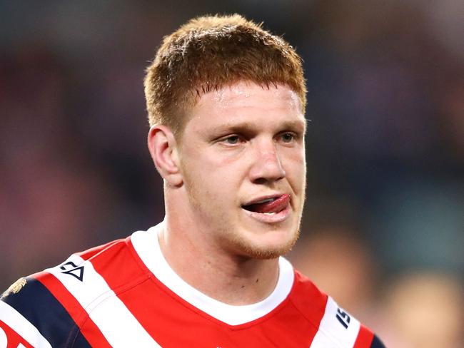 SYDNEY, AUSTRALIA - AUGUST 25: Dylan Napa of the Roosters leaves the field after being sin binned during the round 24 NRL match between the Sydney Roosters and the Brisbane Broncos at Allianz Stadium on August 25, 2018 in Sydney, Australia. (Photo by Mark Kolbe/Getty Images)