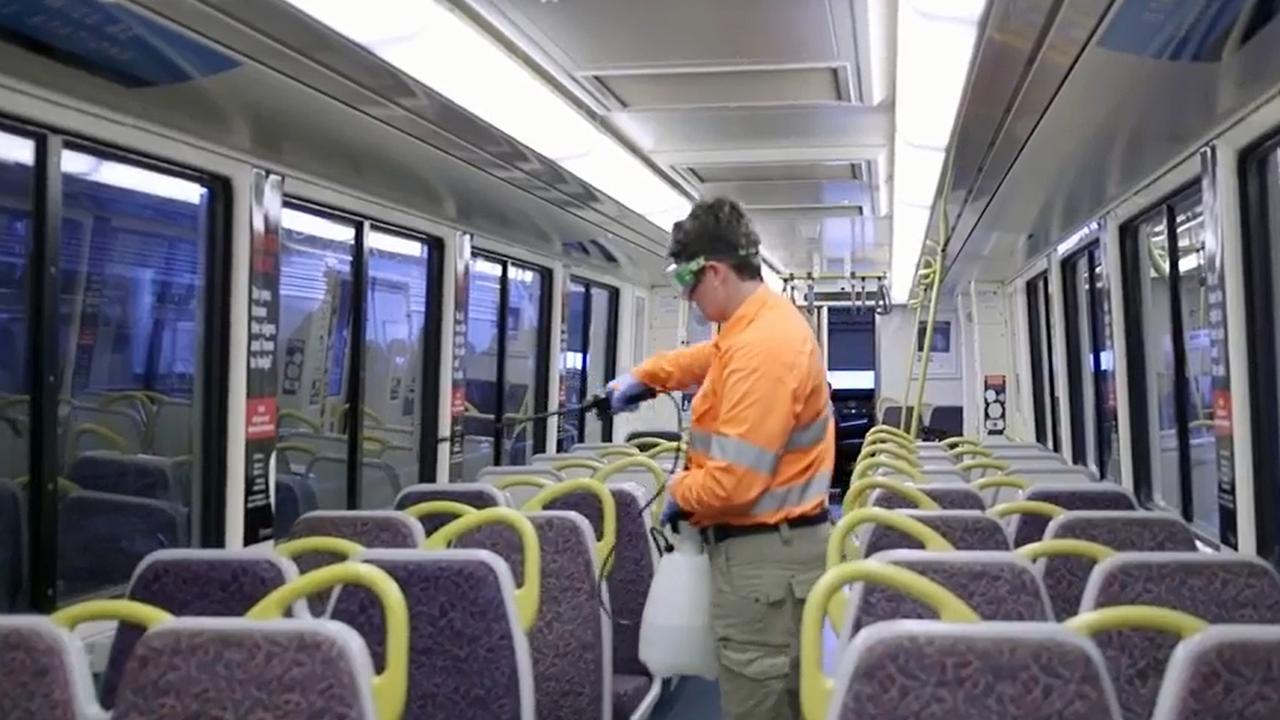 Vision from a Queensland Rail video telling customers how they are cleaning trains during the Covid-19 pandemic