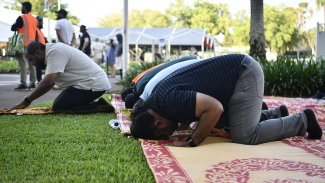 Prayers before a pro-Palestine protest outside of the NT Parliament house on Friday October 27 calling for a ceasefire 20-days into the Gaza conflict.