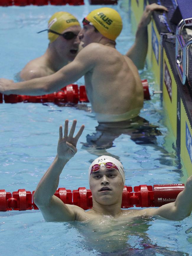 Sun Yang celebrates after the race. .Picture: AP