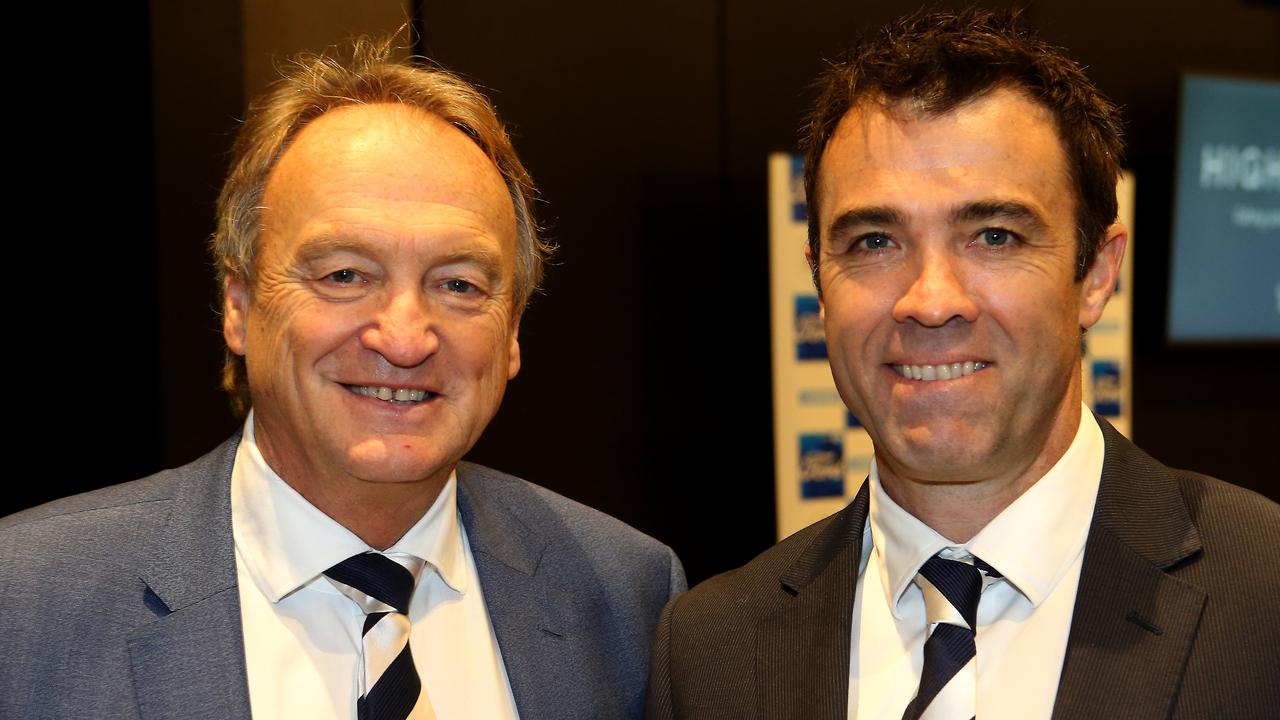 Outgoing Geelong CEO Brian Cook and coach Chris Scott. Picture: Glenn Ferguson