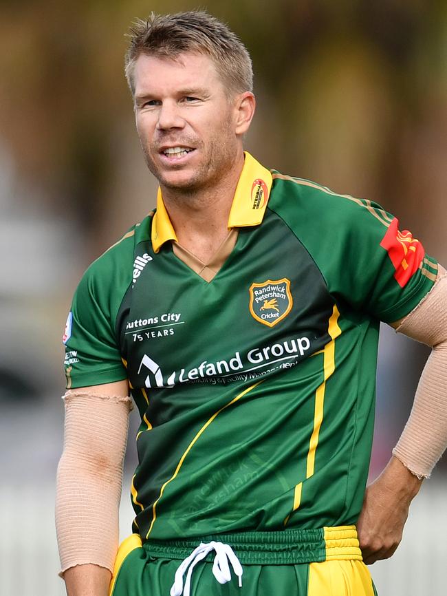 David Warner playing for Randwick-Petersham batsman at Coogee Oval. AAP Image/Joel Carrett