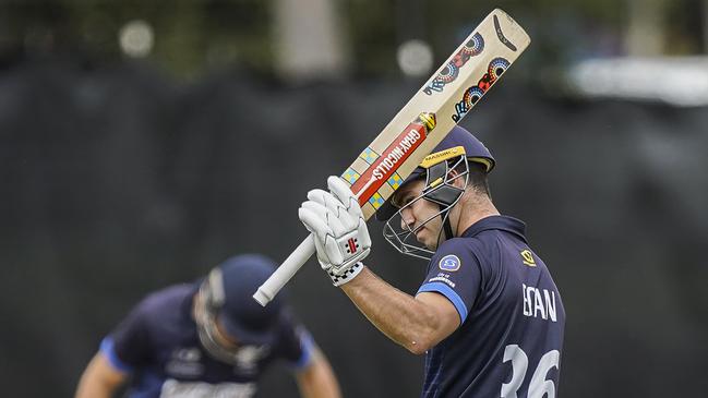 Vic Premier Cricket grand final. Prahran v Dandenong. Prahran batsman Damon Egan celebrates 50 runs. Picture: Valeriu Campan