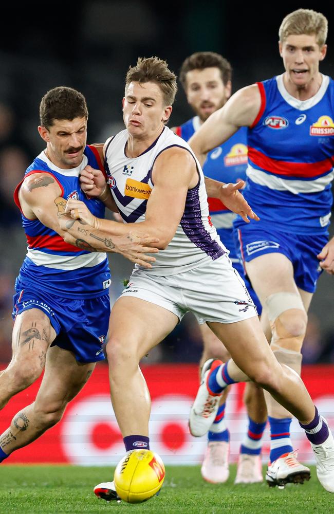 Tom Liberatore starred against Caleb Serong and the Fremantle midfield. Picture: Dylan Burns/AFL Photos