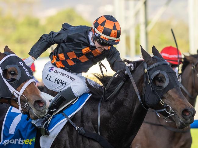 Jamie Kah rides Benedetta to victory in the Group 1 The Goodwood at Morphettville. Picture: Makoto Kankeko