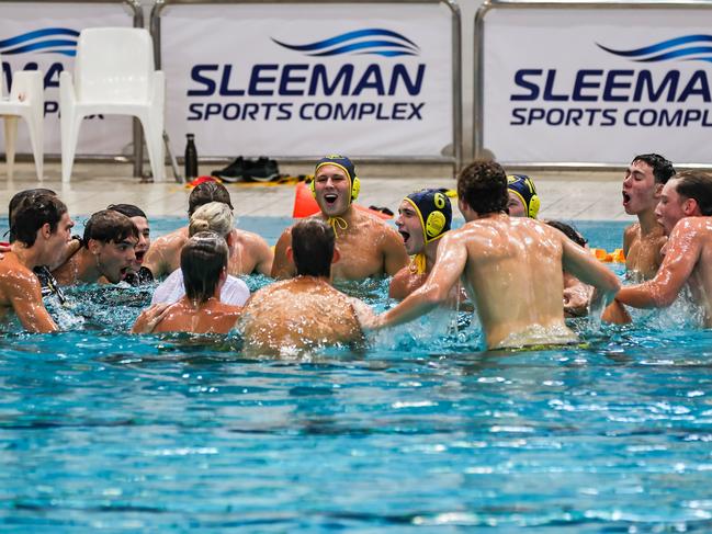 Sydney University Lions celebrate after winning the gold medal at the Australian Youth Water Polo Championships. Picture: Rogue Gun Photography and Media