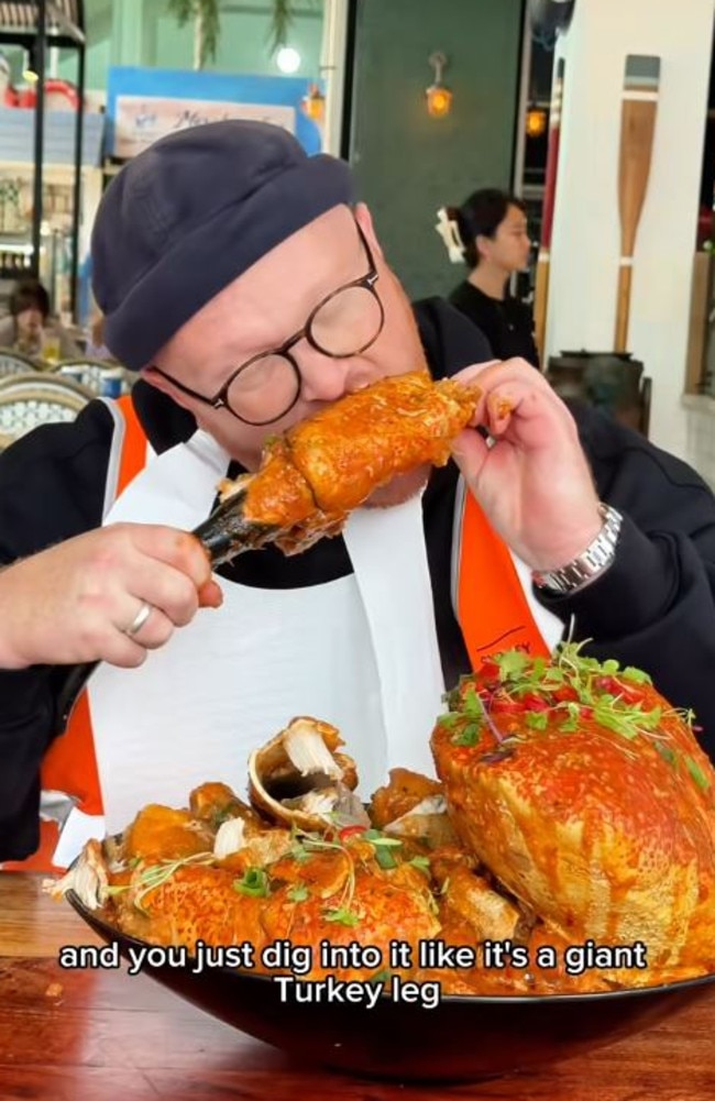 He said he ate the crab’s claws like they were massive turkey legs. Picture: TikTok/EatingWithTodd