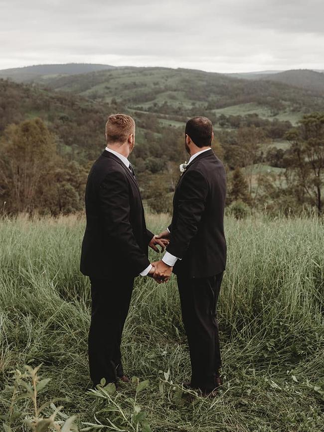 Adam and Rupert on their property near Moore the day of their wedding. Photo: Tessa Cox Photography.