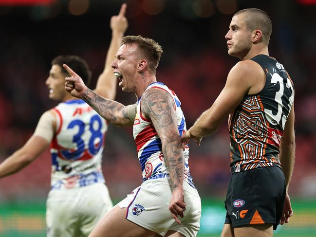 SYDNEY, AUSTRALIA - MAY 18: James Harmes of the Bulldogs celebrates kicking a goal during the round 10 AFL match between Greater Western Sydney Giants and Western Bulldogs at ENGIE Stadium, on May 18, 2024, in Sydney, Australia. (Photo by Cameron Spencer/Getty Images)