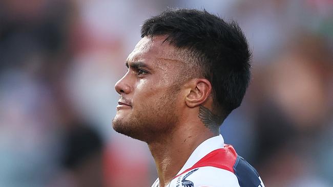 GOSFORD, AUSTRALIA - FEBRUARY 23: Spencer Leniu of the Roosters looks on during the 2025 NRL Pre-Season Challenge match between Sydney Roosters and Newcastle Knights at Industree Group Stadium on February 23, 2025 in Gosford, Australia. (Photo by Mark Metcalfe/Getty Images)