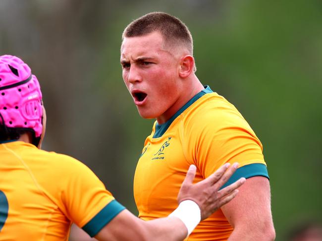 HAMILTON, NEW ZEALAND - OCTOBER 02: Kingsley Uys of Australia U18 (R) celebrates his  try during the match between Australia U18s and  New Zealand Barbarians at St Paul's Collegiate School, on October 02, 2024 in Hamilton, New Zealand. (Photo by Phil Walter/Getty Images for Rugby Australia)