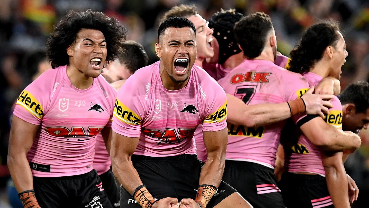 Brian To’o and Stephen Crichton enjoy the celebrations after beating Melbourne to secure their spot in the grand final. Picture: Bradley Kanaris/Getty Images