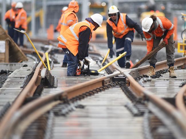 Laying track at Rouse Hill for Sydney Metro Northwest.