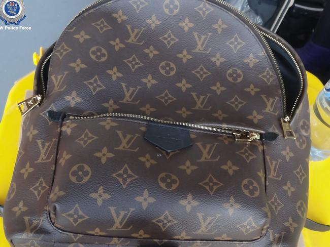 One of the Louis Vuitton backpacks found in high-ranking bikie’s inner west home.