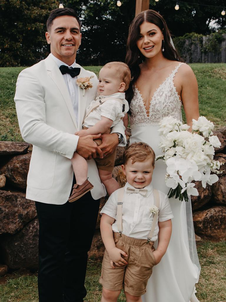 Kodi and Bree Nikorima with their sons at their wedding. Photo: Courtney, Black Palm Collective