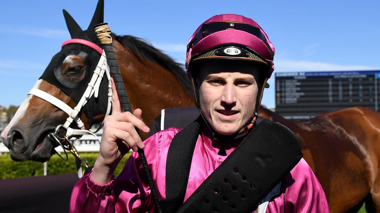 Sam Weatherley retains the ride on Falling Waters at Nowra. Picture: AAP 