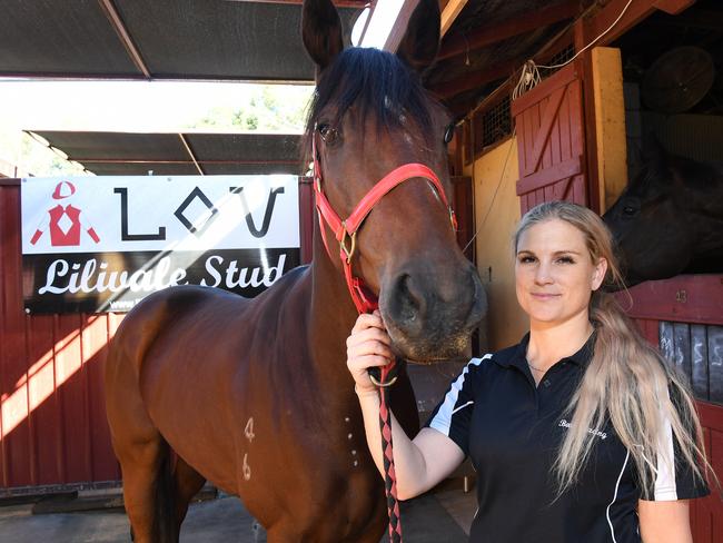 BIG HEART: Katie Barr with Shadow of Time which is showing good form ahead of the Fred Best Plate at Doomben this weekend. Photo: Warren Lynam