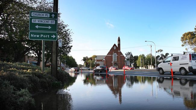 Previous flooding in Port Adelaide, due to a high tide in the Port River coupled with strong winds.