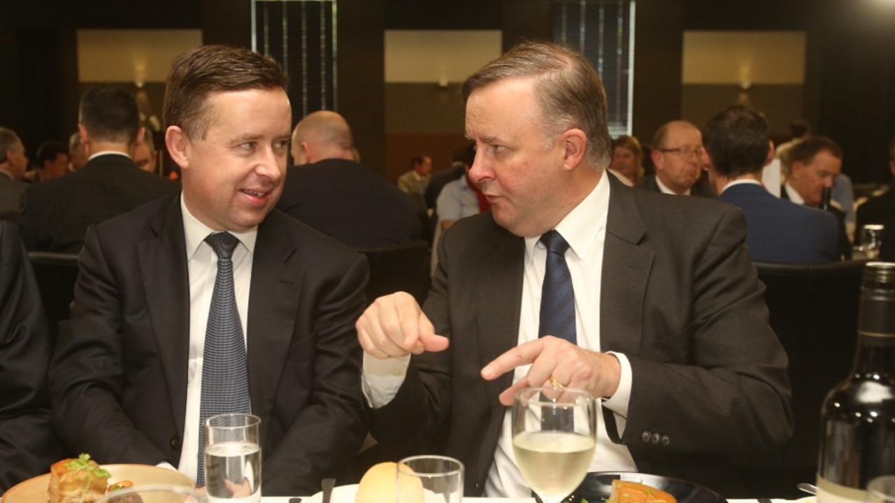 Alan Joyce and Anthony Albanese enjoy each other’s company at the National Press Club in 2015. Picture: Gary Ramage