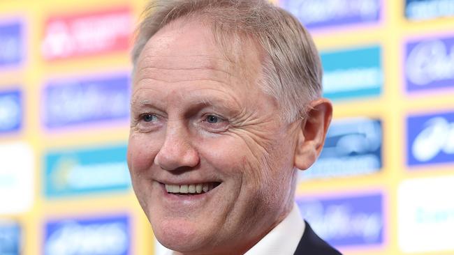 SYDNEY, AUSTRALIA - JANUARY 19: New Wallabies Head Coach Joe Schmidt speaks to media during a Rugby Australia media opportunity at Allianz Stadium on January 19, 2024 in Sydney, Australia. (Photo by Mark Metcalfe/Getty Images)