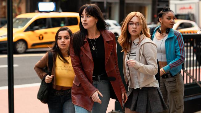 Isabela Merced, Dakota Johnson, Sydney Sweeney and Celeste O’Connor in Madame Web.