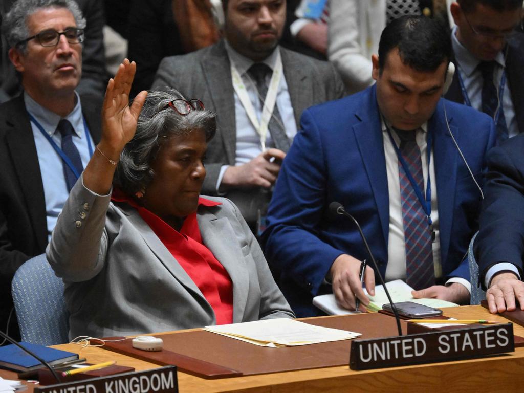 US Ambassador to the United Nations Linda Thomas-Greenfield votes abstain during a vote on a resolution calling for an immediate ceasefire in Gaza during a United Nations Security Council meeting. (Photo by ANGELA WEISS / AFP)