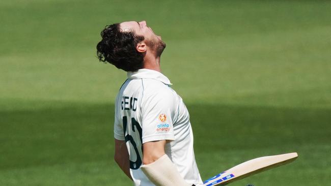 A pumped up Travis Head after reaching his second Test century, against New Zealand on Friday. Picture: AAP/Michael Dodge