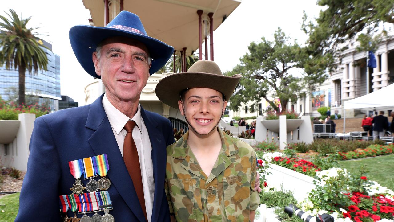 Peter Cochrane marched yearly in the Anzac DAy parade. He is pictured here with grandson Tristan, then 14. Picture: Mike Dugdale