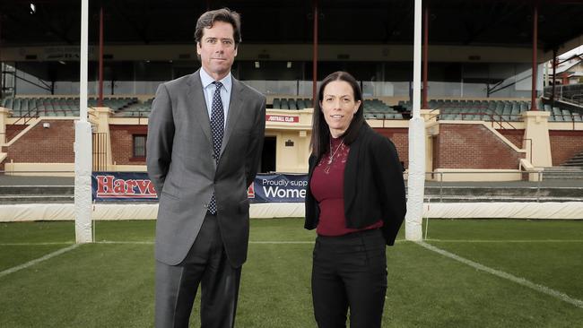 AFL CEO Gillon McLachlan and AFL Tasmania CEO Trish Squires. Picture: RICHARD JUPE