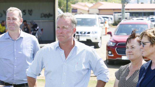 Premier Will Hodgman, centre, flanked by Emergency Services minister Michael Ferguson, left, and Huon Valley mayor Bec Enders, second from right, and the federal Assistant Minister for Home Affairs, Linda Reynolds, announcing bushfire assistance yesterday. Picture: MATT THOMPSON