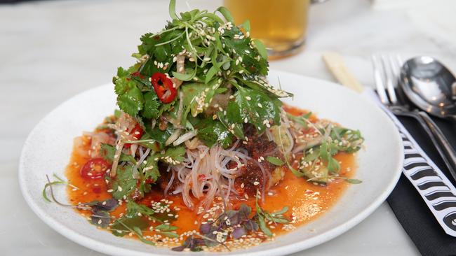 The Shiso and Sesame Prawn dumplings red namh jim and glass noodles at Chin Chin. Picture: Andrew Tauber