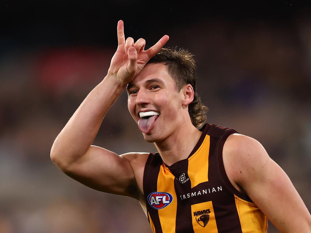 Connor Macdonald celebrates after kicking a goal in the Hawks’ rampaging win over Collingwood. Picture: Graham Denholm/AFL Photos/via Getty Images.