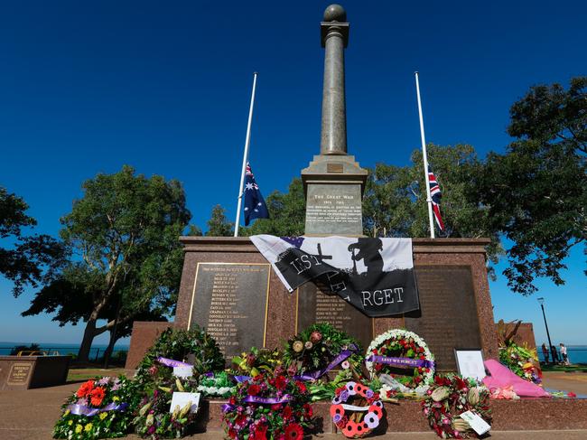 Darwin Cenotaph after an impromptu ceremony at dawn.Picture GLENN CAMPBELL