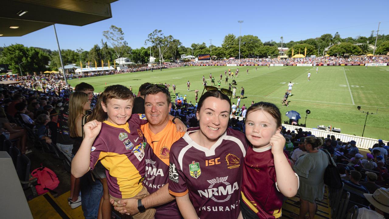 Tamara and Mick Markey of Dalby with their kids Chase and Lexi at the NRL Pre-Season Challenge game between Broncos and Titans at Toowoomba Sports Ground, Sunday, February 16, 2025. Picture: Kevin Farmer