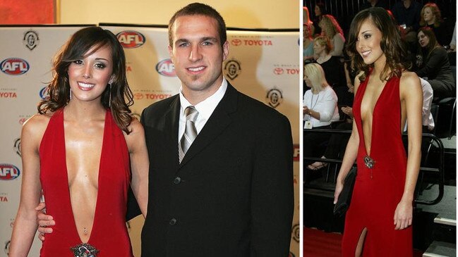 Back in 2004 the then Rebecca Twigley, pictured here with the man who became her husband, Chris Judd, arrived at the Brownlow in this dress. Picture: Getty Images